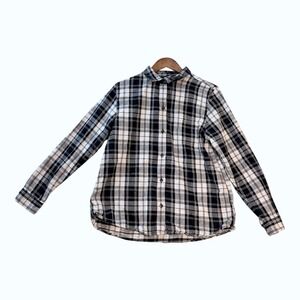 LL Bean Womens Flannel Shirt L Black White Plaid Button Up Long Sleeve Heritage